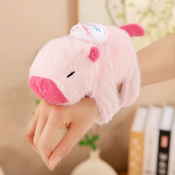 Soft Pink Capybara Plush Clapping Bracelet with White & Blue Accents - Cute Stuffed Animal Toy for Girls, Baby, Dog, Home Decor, Birthday Gifts for Women, Stuffed Plushies