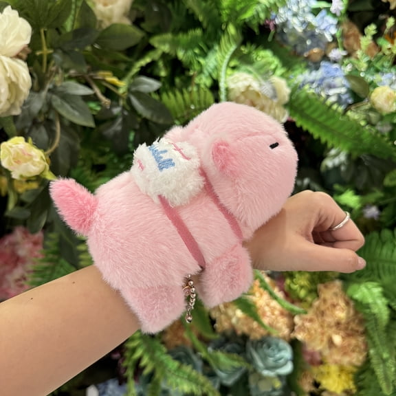Soft Pink Capybara Plush Clapping Bracelet with White & Blue Accents Cute Stuffed Animal Toy for Girls Baby Home Decor Birthday Gifts for Women