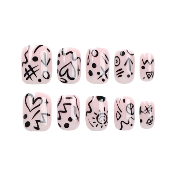 Soft Pink Cartoon Graffiti Press on Nails, Short Squoval Abstract Hand-Drawn Glossy False Nails, 24 Count