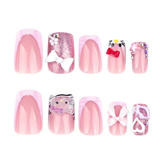 Soft Pink Cat Face & Bow Press on Nails, Short Square Glossy Glitter False Nails with Rhinestone Accents, 24 Count