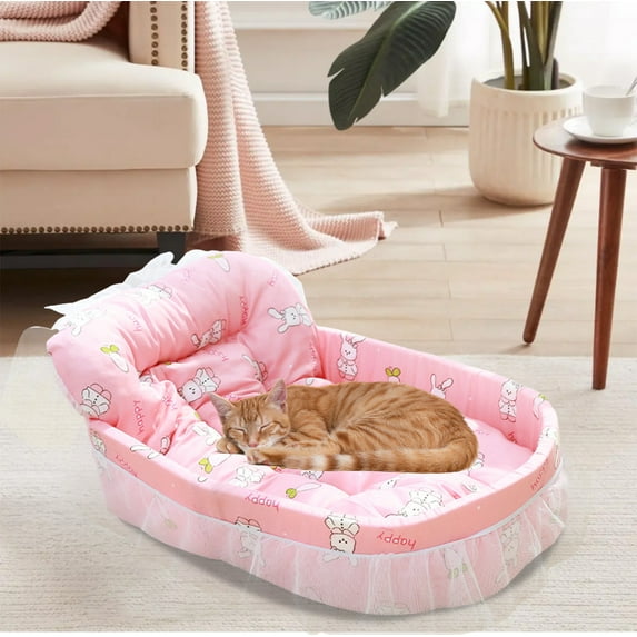 Soft Pink Cat and Dog Bed with Removable Mat, Lace Trimmed Washable Pet Cushion, Cozy Sleeping Pad for Small Pets and Kittens, 22.4"x15.7"