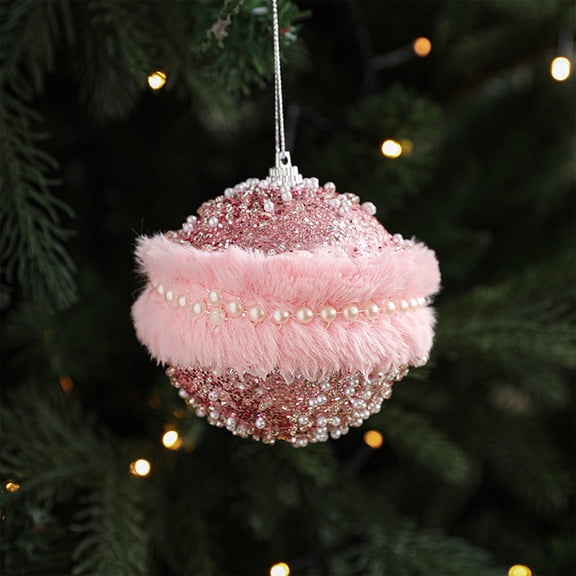 Soft Pink Christmas Hanging Ball Ornament, 3.07 inch Faux Fur Lace Pearl Bead Foam Bauble, Lightweight Festive Decoration for Christmas Tree Home Party Layout