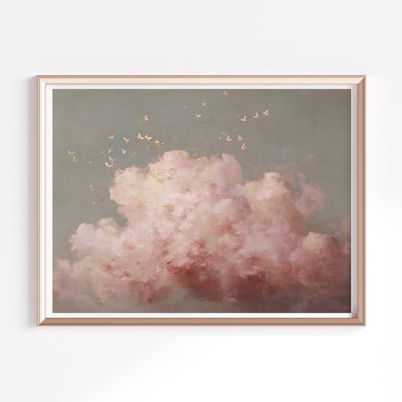 Soft Pink Cloud Wall Art With Birds, Romantic Pastel Sky, Dreamy Whimsical For Cozy Home Decor Home Decor #1161, Unframed Poster Size 8x12