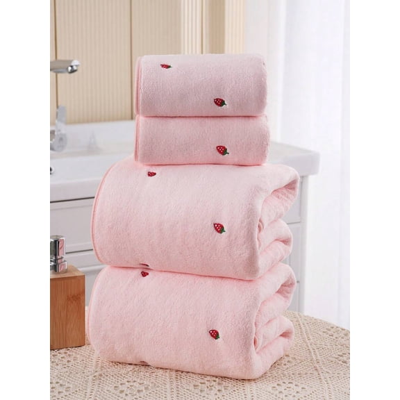 Soft Pink Coral Fleece Bath Towel, Embroidered Strawberry Design, Plush