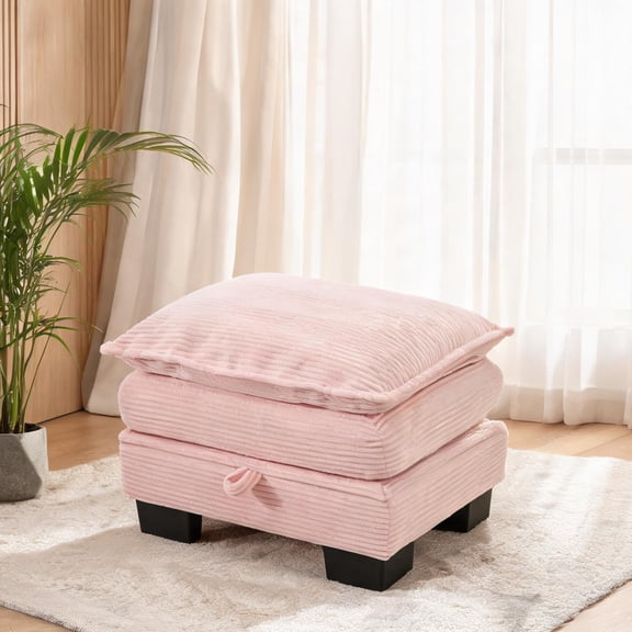 Soft Pink Corduroy Ottoman with Storage, Versatile Modular Footstool for Sofa Lounging, Modern Rectangular Design