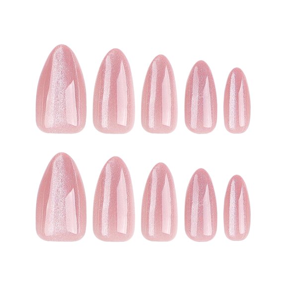 Soft Pink Decorative Glitter Press on Nails, Medium Pointed Almond Glossy Artificial Nails, 24 Count