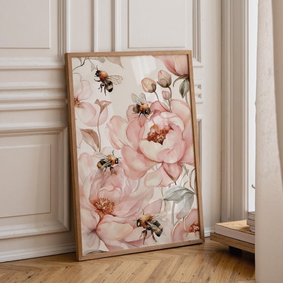 Soft Pink Floral Bee Wall Art Cottagecore Bumblebee Romantic Botanical Feminine Nature Decor, Stretched Canvas