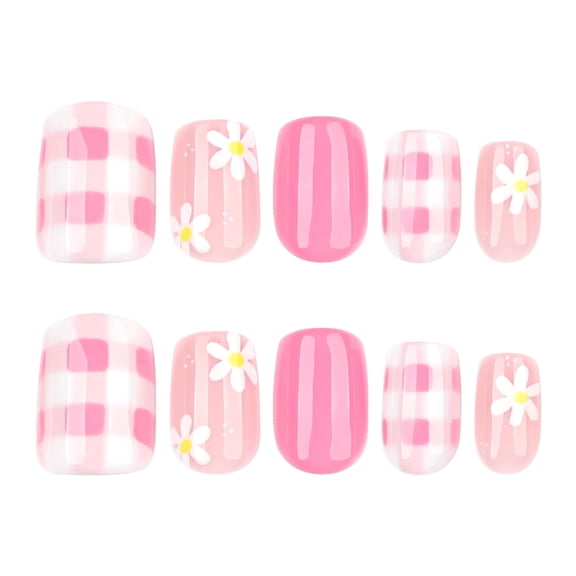 Soft Pink Floral Checkered Press on Nails Short Square Fake Nails with Glossy Finish Soft Pink Full Cover Adhesive Press Ons Nail Art Tips Graceful Acrylic False Nails for Women Girls 24 Pcs