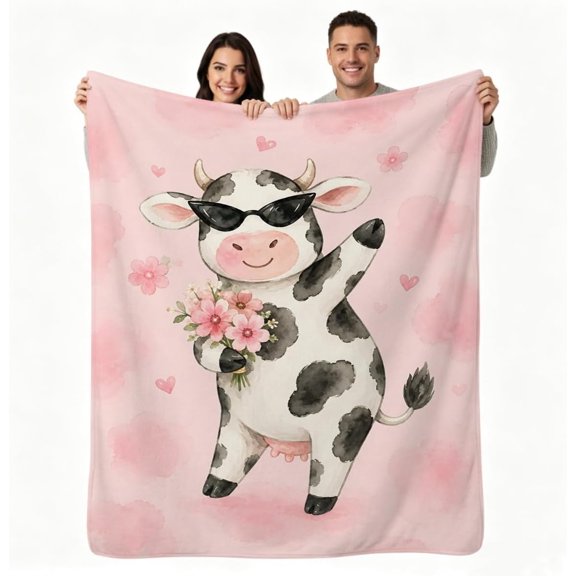 Soft Pink Floral Cow Throw Blanket Aesthetic Home Decor Gift 50" X 60" Customized Throw Gift, Printed in USA