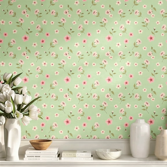 Soft Pink Floral Mint Green Peel and Stick Wallpaper, Vintage Farmhouse Boho Wall Art, Wall Decor, Elegant Exquisite Wall Decoration for Bedroom, Living Room, Apartment Aesthetic Home Decor