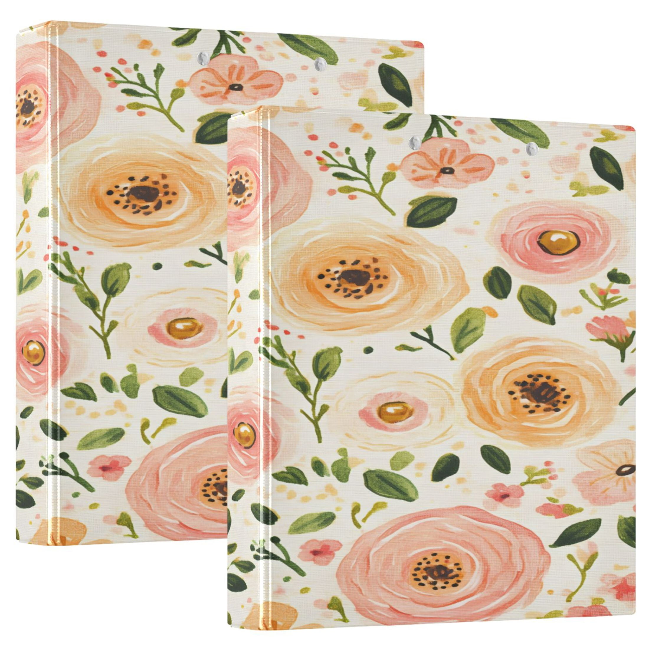 Soft Pink Floral Pattern 12.4x10.6in PVC Round Ring Binder, D-Ring 3-Hole, Metal Clip, 200 Sheets