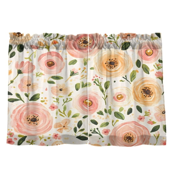 Soft Pink Floral Pattern 27"x24" Linen Look Cafe Curtain Set with Privacy and UV Protection