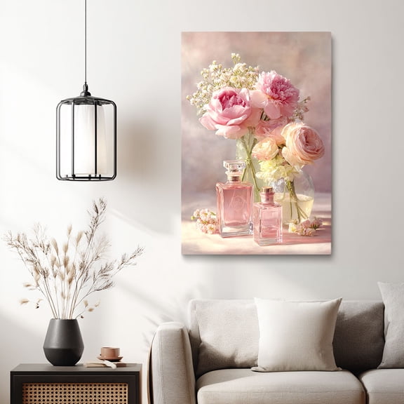 Soft Pink Floral & Perfume Canvas Wall Decor Ready to Hang Bedroom Bathroom