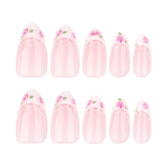 Soft Pink Floral Rose Press on Nails, Medium Almond Glossy False Nails with Scalloped Edge Detail, 24 Count