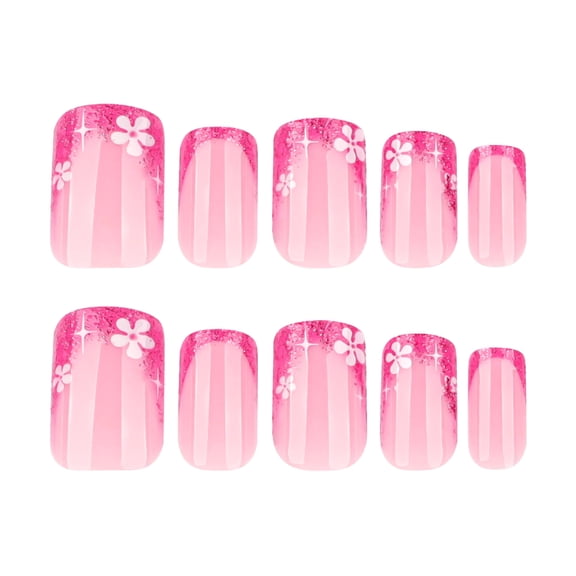 Soft Pink Floral Vertical Stripe with Glitter Accent Press on Nails, Short Squoval Glossy False Nails, 24 Count