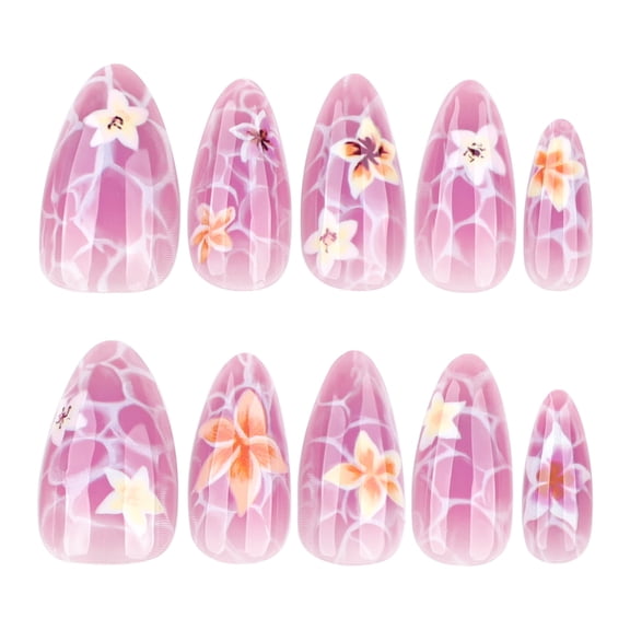 Soft Pink Floral Web Pattern Press on Nails, Medium Almond Glossy False Nails, 10 Count