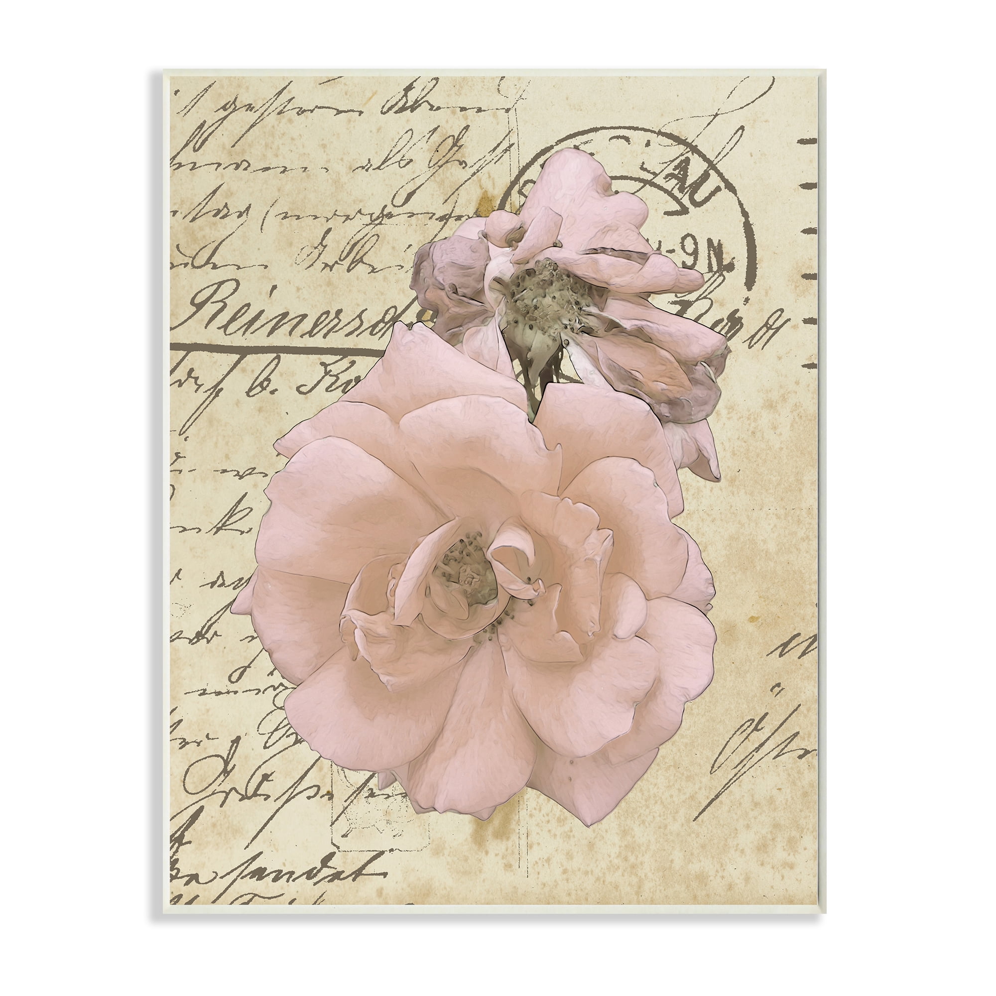 Soft Pink Florals on Vintage Postal Letter 13 in x 19 in Framed Painting Art Print, by Stupell Home Décor