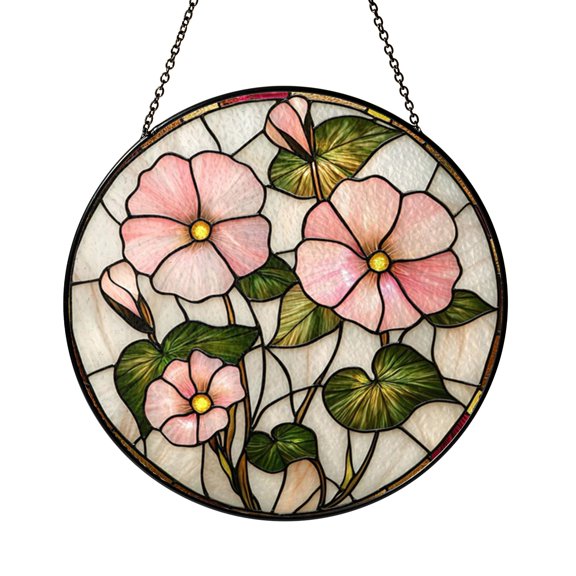 Soft Pink Flower Bloom Stained Glass Style Window Hanging – Botanical Decor