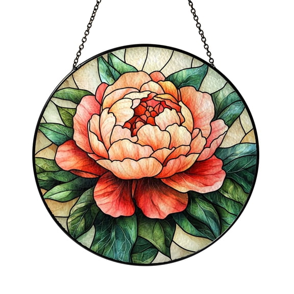 Soft Pink Flower Pattern Round Window Hanging – Stained Glass Style