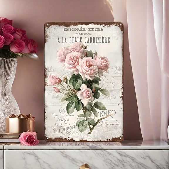 Soft Pink French Roses Metal Sign Vintage Victorian Cottage Rustic Farmhouse Garden Home Wall Decor 12x8 Inch