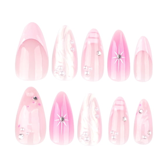 Soft Pink French Tip Pearl Rhinestone Press on Nails Short Almond Fake Nails Full Cover Adhesive Press Ons Glossy Pearl Acrylic False Nails Nail Tips DIY Manicure for Women Girls 24 Pcs