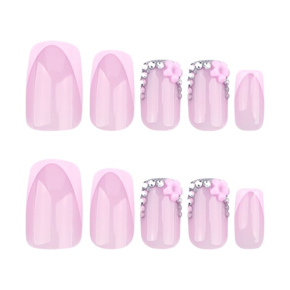 Soft Pink French Tip Press on Nails with Rhinestone Accent and 3D Flower, Medium Coffin Glossy False Nails, 24 Count