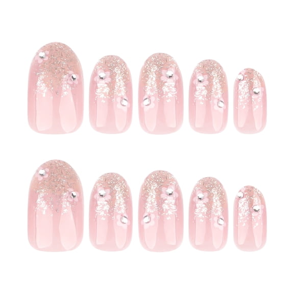 Soft Pink Glitter Gradient Floral Press on Nails, Short Round Glossy Glitter False Nails with Rhinestone Accents, 24 Count