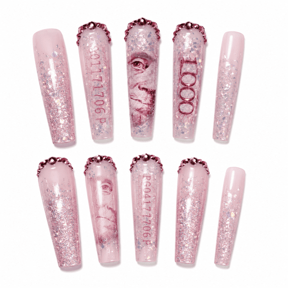 Soft Pink Glitter Press on Nails, Long Coffin Glossy Fake Nails with Rhinestone Accent, 30 Count