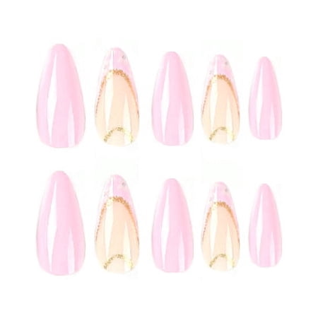 Soft Pink Gold Accent Gradient Press on Nails, Medium Almond Glossy Artificial Nails, 24 Count