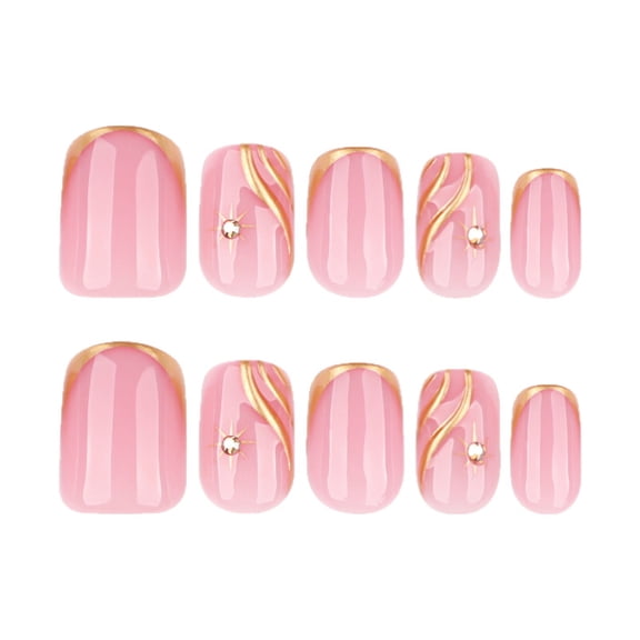 Soft Pink Gold Line Starburst Pattern Rhinestone Accent Press on Nails, Short Squoval Glossy False Nails, 24 Count