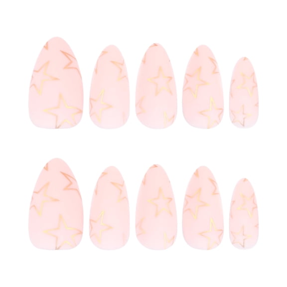 Soft Pink Gold Star Pattern Press on Nails, Medium Almond Smooth Finish False Nails, 24 Count