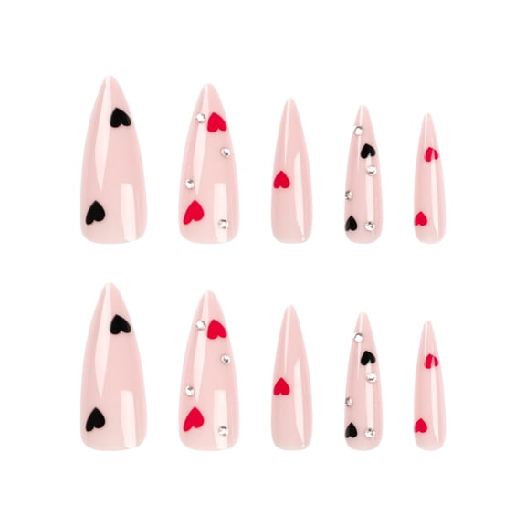 Soft Pink Heart Pattern with Rhinestone Accent Press on Nails, Long Pointed Almond Glossy False Nails, 24 Count