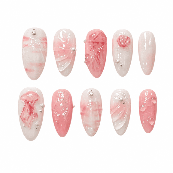 Soft Pink Jellyfish Press on Nails, Medium Almond Glossy Fake Nails with Seashell Accent, 30 Count