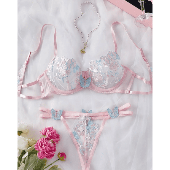Soft Pink Lingerie Set Blue Butterfly Embroidery