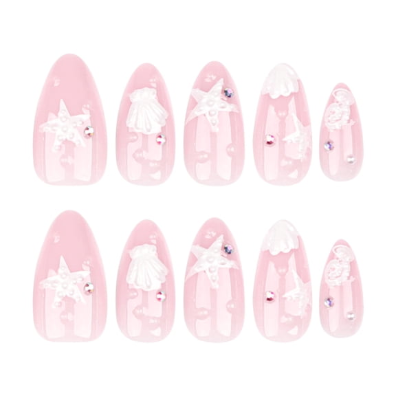 Soft Pink Ocean Shell Starfish Press on Nails Medium Almond Fake Nails with Pearl Rhinestone Designs Soft Pink Full Cover Adhesive Press Ons Glam Acrylic False Nails Press on Nail Set 24 Pcs