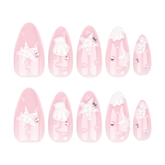 Soft Pink Ocean Shell Starfish Design Press on Nails, Medium Almond Glossy False Nails with Raised Detail, 24 Count