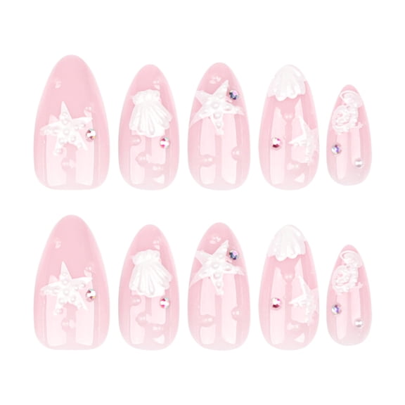 Soft Pink Ocean Shell Starfish Design Press on Nails, Medium Almond Glossy False Nails with Raised Detail, 24 Count