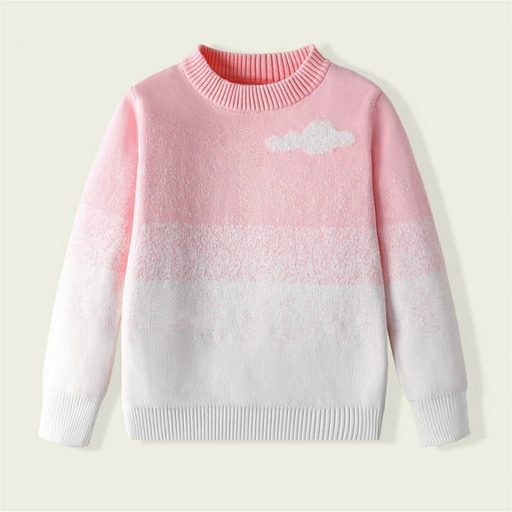 Soft Pink Ombre Cloud Print Knitted Cotton Sweater - Crew Neck Little Girls' Sweater for 5 Years, Breathable Everyday Wear for School & Casual