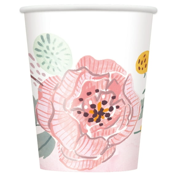 Soft Pink Painted Floral Paper Cups, 9 oz, 8ct