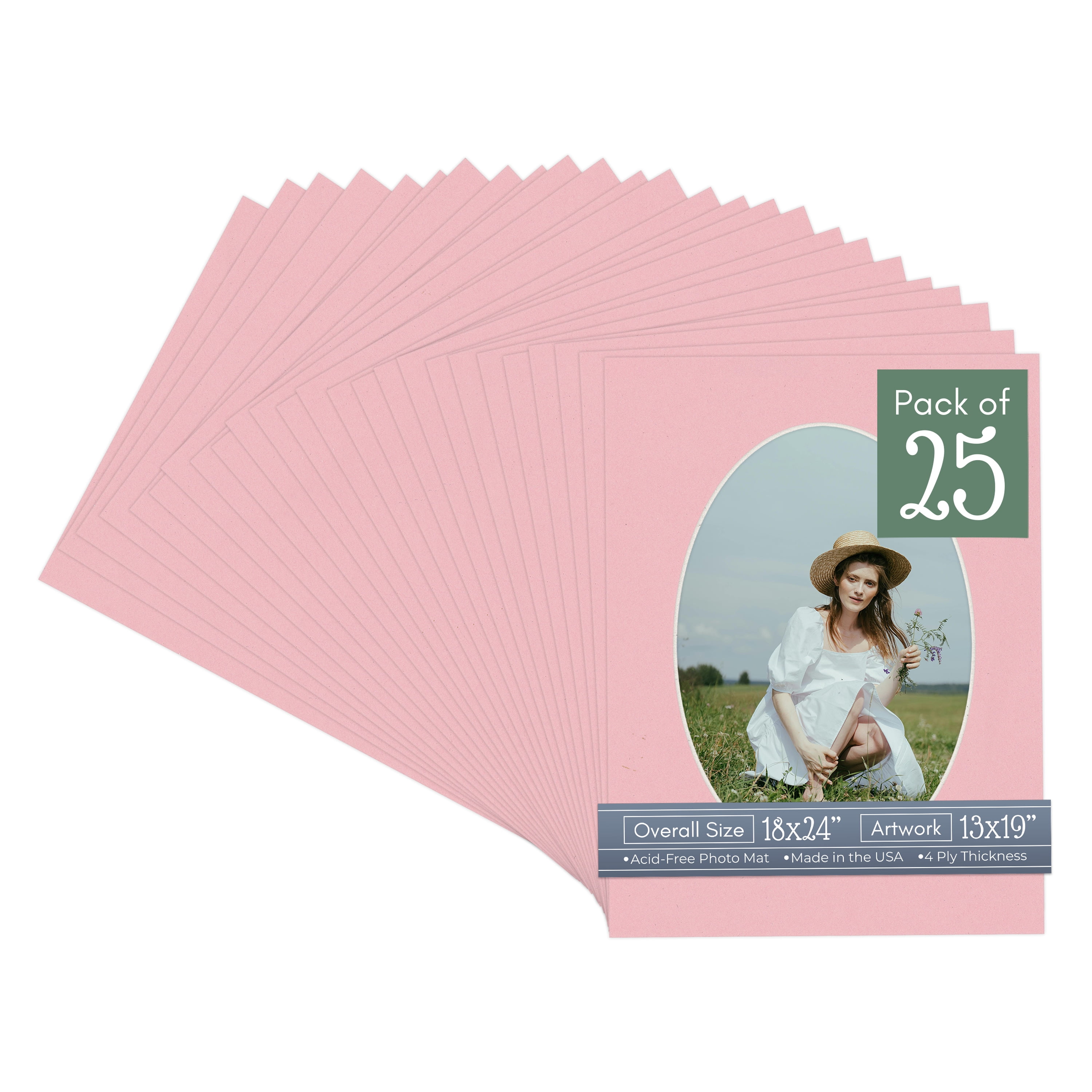 Soft Pink Picture Frame Mat for 18x24 Frames - Oval Opening for 13x19 Photos - 25 Mats