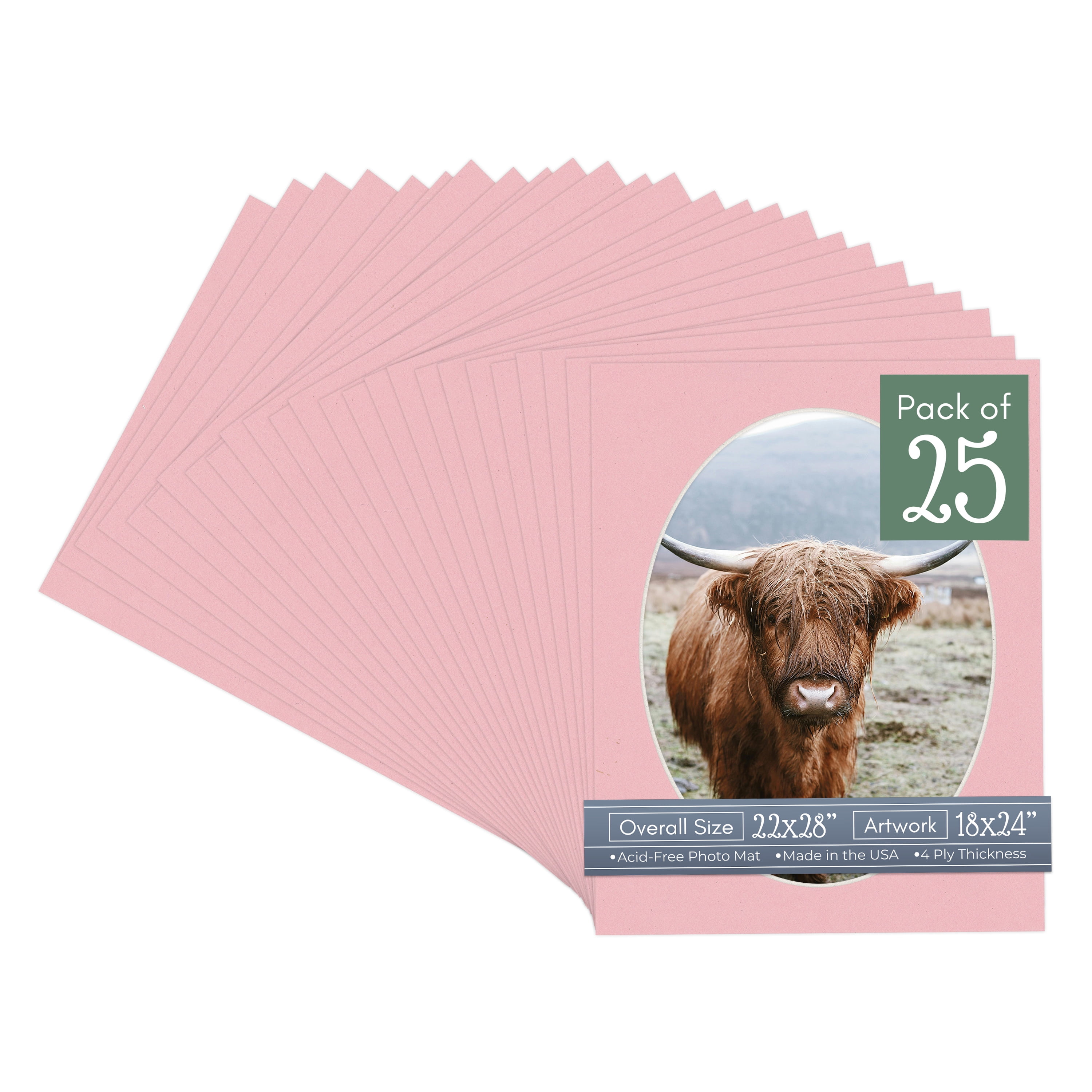 Soft Pink Picture Frame Mat for 22x28 Frames - Oval Opening for 18x24 Photos - 25 Mats
