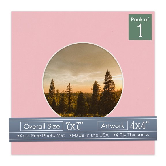 Soft Pink Picture Frame Mat for 7x7 Frames - Circle Opening for 4x4 Photos - 1 Mat
