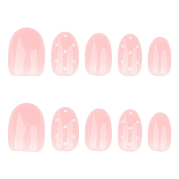 Soft Pink Polka Dot Alternating Press on Nails, Medium Oval Glossy Finish False Nails, 24 Count