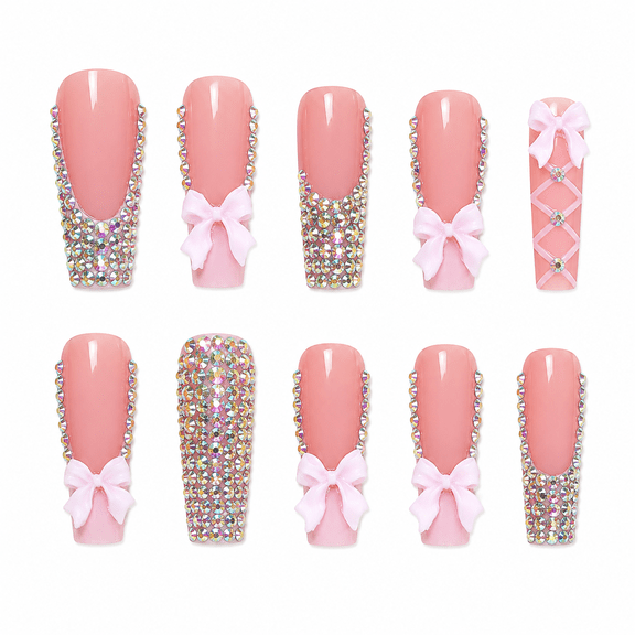 Soft Pink Rhinestone Bow Press on Nails, Long Coffin Glossy Fake Nails with 3D Design, 24 Count