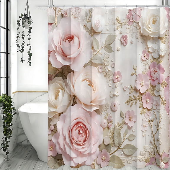 Soft Pink Rose Floral Shower Curtain Elegant Vintage Flower Print Bathroom Decor
