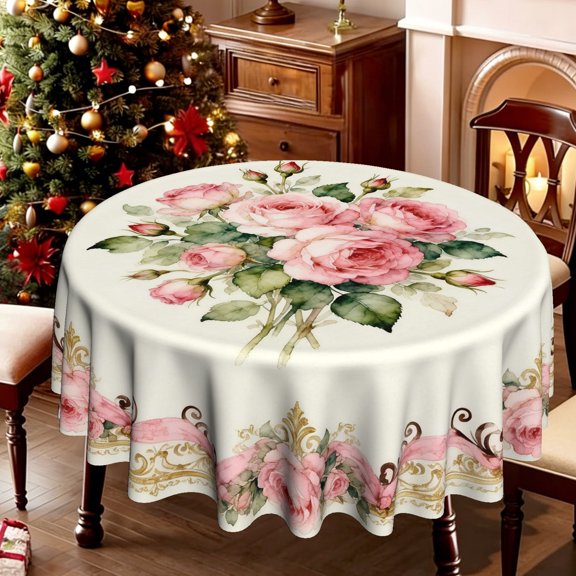Soft Pink Rose Round Table Cover, Independence Day Dining Tablecloth, Lightweight & Easy Clean Holiday Banquet Linen