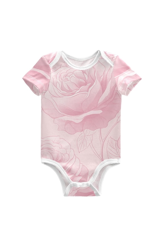 Soft Pink Roses with Leaves Pure Cotton Bodysuit Short Sleeve Pajamas One-Piece Romper Unisex 6M