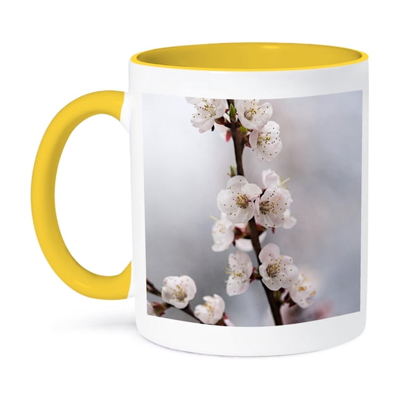 3dRose, Soft pink sakura flowers in spring, 11oz Two-Tone Yellow Mug