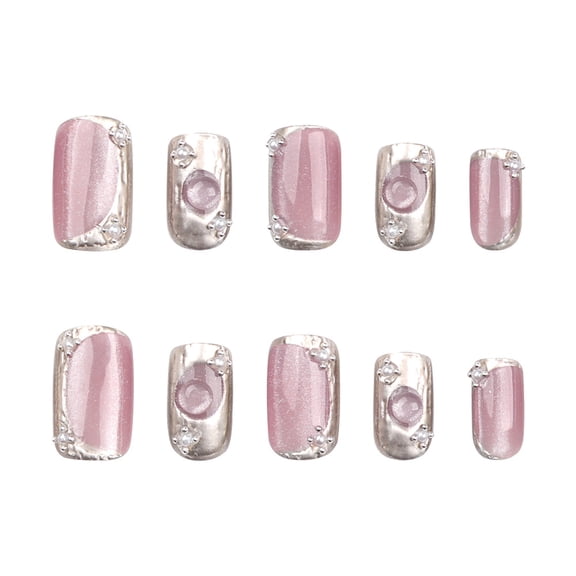 Soft Pink Shimmer Press on Nails with Rhinestone Accents, Silver Border & Circular Decorations, Short Squoval Glossy False Nails, 30 Count
