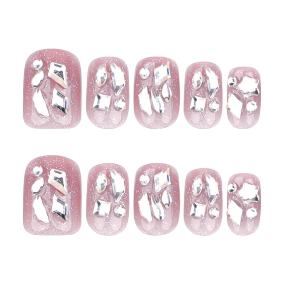 Soft Pink Sparkling Rhinestone Press on Nails, Short Squoval Glitter Glossy False Nails with Geometric Rhinestone Accent, 10 Count
